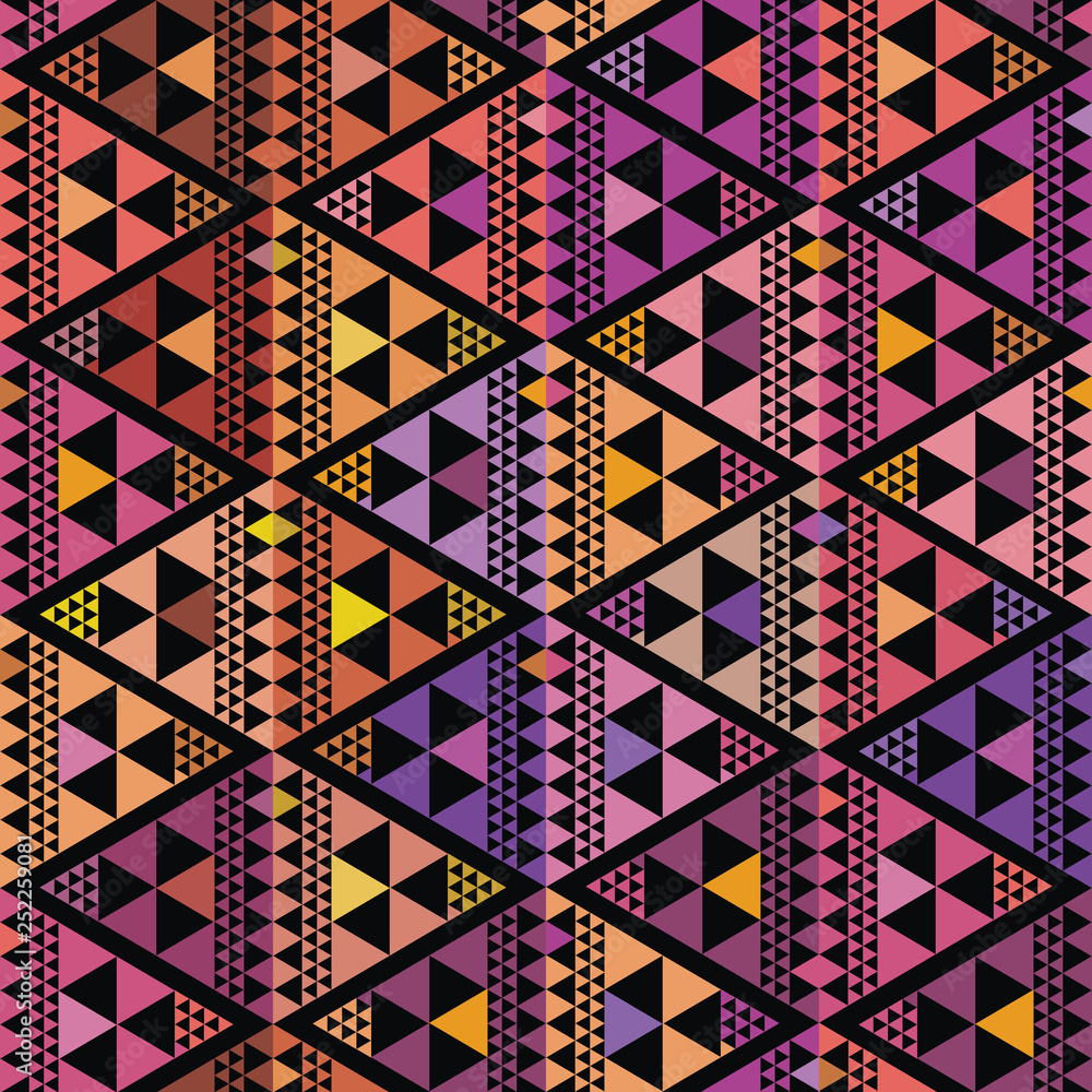 Purple, pink and orange triangle geometric design. Repeat vector pattern on  black background with boho vibe. Great for wellbeing, yoga, beauty  products, home decor, gift wrap, stationery, packaging Stock Vector | Adobe