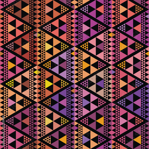 Purple, pink and orange triangle geometric design. Repeat vector pattern on black background with boho vibe. Great for wellbeing, yoga, beauty products, home decor, gift wrap, stationery, packaging