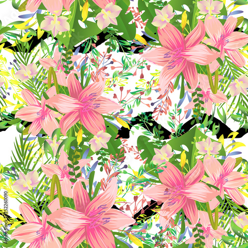 Beautiful cute liliya pattern. Different detail design with tropic monstera and foliage photo