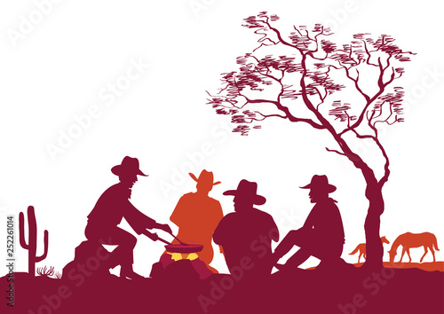 Cowboys around a campfire. Vector silhouettes on white for design
