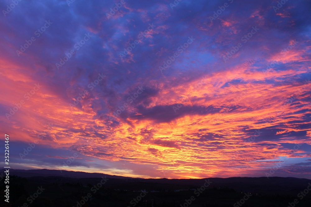 Colors of dawn (sunrise) in the Chianti hills south of Florence in Tuscany