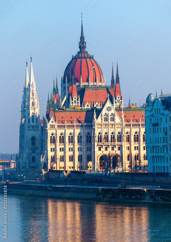 Hungarian parliament in Budapest, view from other bank of Danube