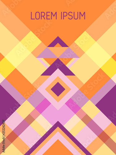 Cover page layout vector template geometric design with triangles and stripes pattern in orange violet.