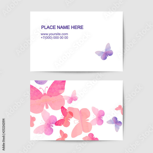 visiting card template with watercolor butterflies