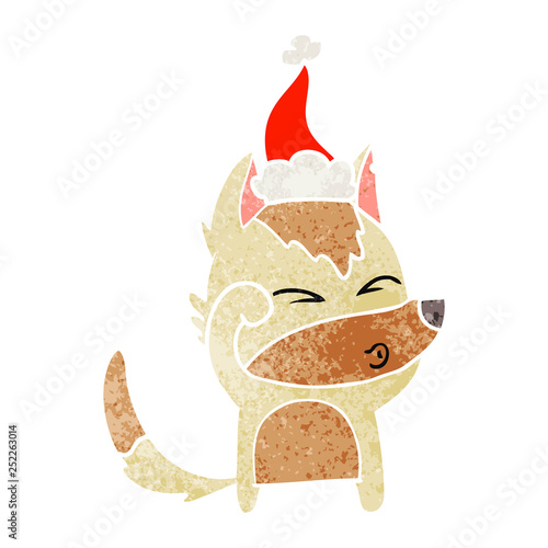 retro cartoon of a wolf pouting wearing santa hat
