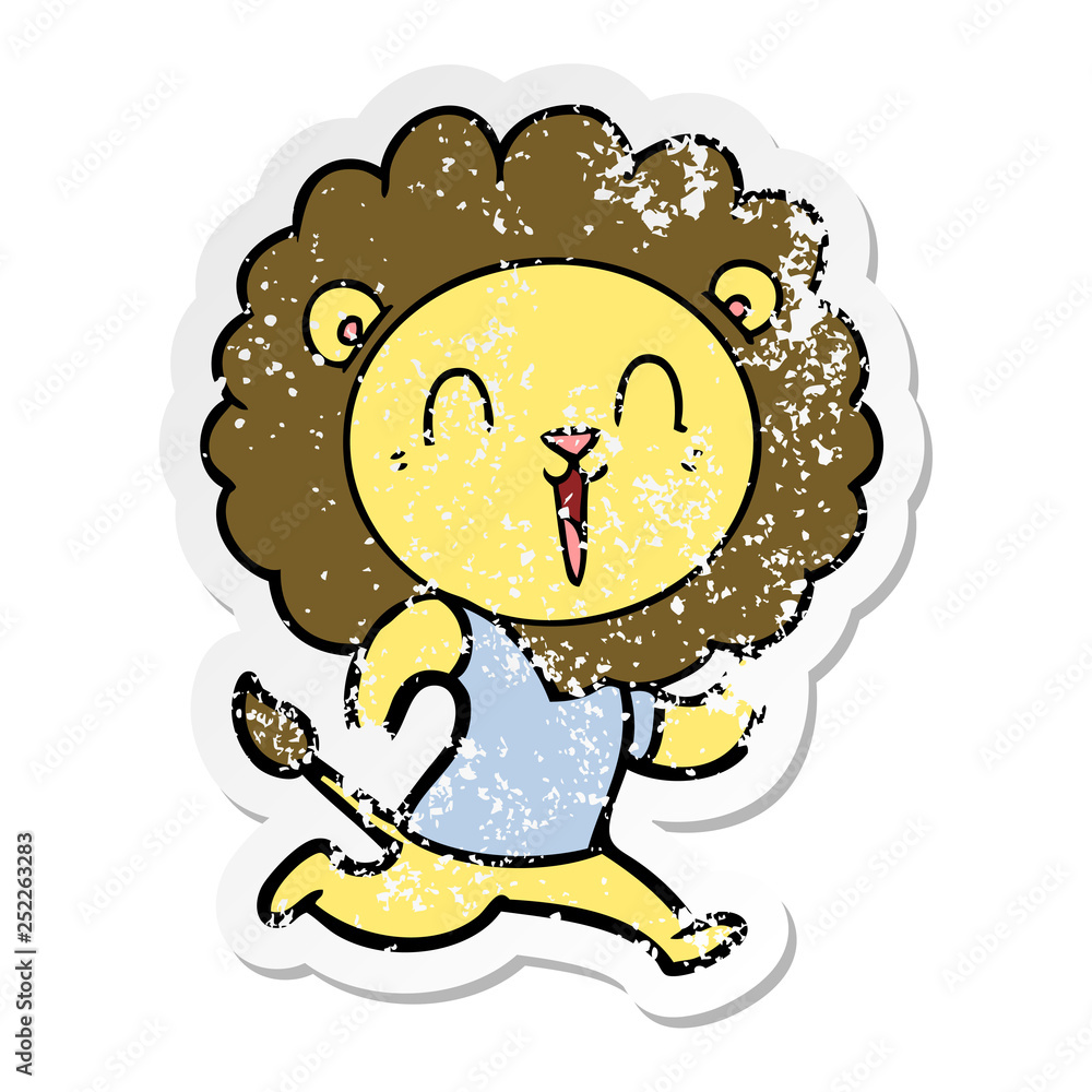 distressed sticker of a laughing lion cartoon distressed sticker of a laughing lion cartoon