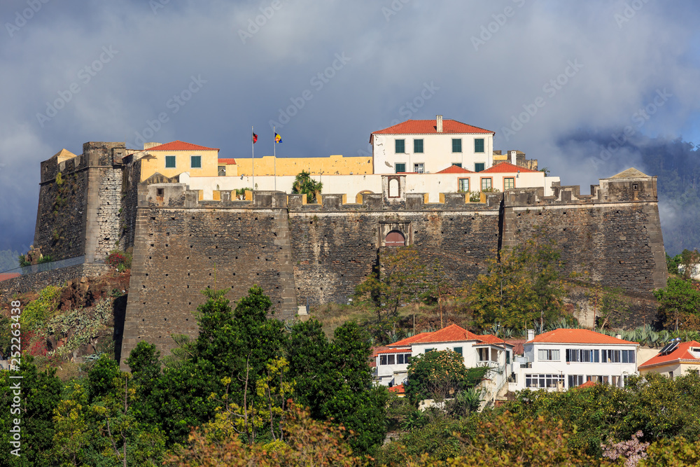 Beautiful view of fort Fortaleza de Sao Joao Baptista do Pico in Funchal, Madeira, on a cloudy summer day
