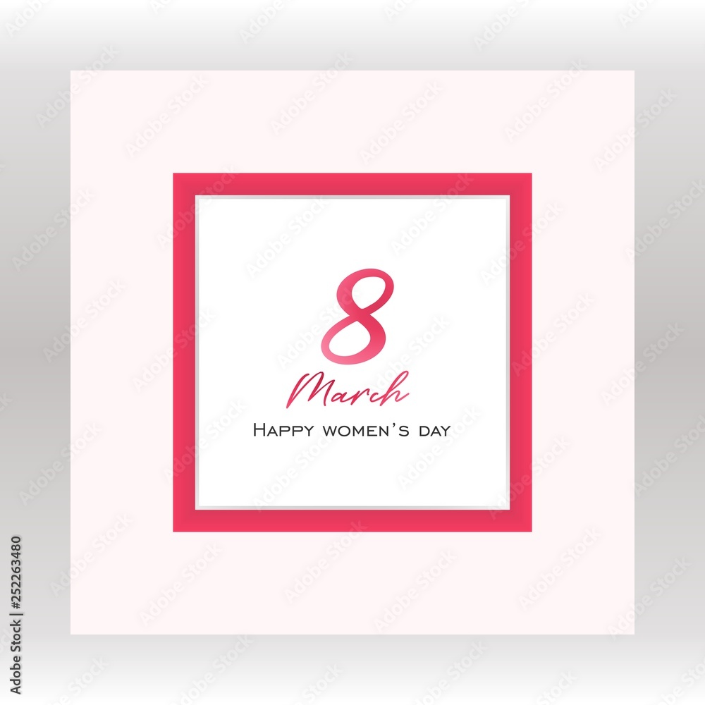 8 March greeting card. White curved paper banner with International Women's Day logo in the red frame on pink background. Vector illustration, eps 10