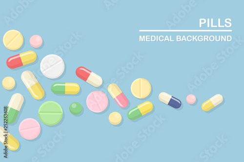 Set of pills, medicine, drugs. Painkiller Tablet, vitamine, pharmaceutical antibiotics. Medical background. Vector cartoon design photo