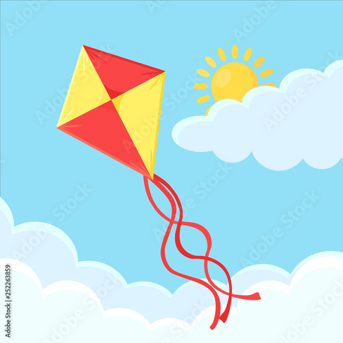 Colorful kite fly in blue sky with clouds. Summer holiday. Vector flat design