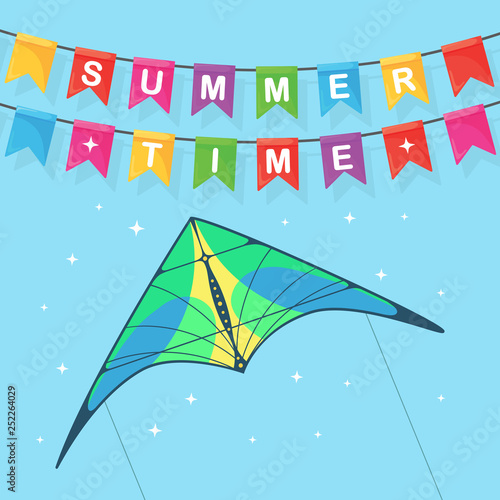 Flying colorful kite in the sky isolated on background. Festive carnaval flags. Summer festival, holiday, vacation time. Kitesurfing concept. Vector illustration. Flat cartoon design
