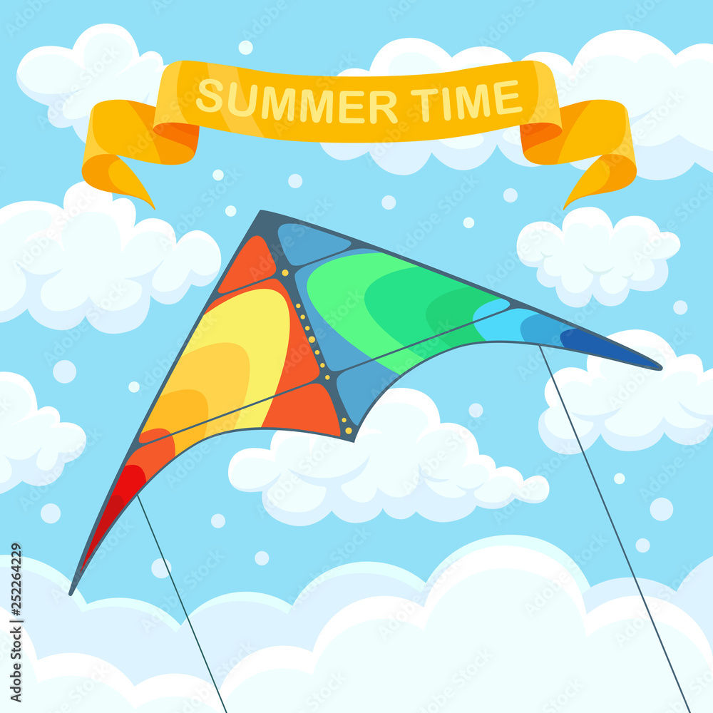 Flying colorful kite in the sky with clouds isolated on background. Summer festival, holiday, vacation time. Kitesurfing concept. Vector illustration. Flat cartoon design Flying colorful kite in the sky with clouds isolated on background. Summer festival, holiday, vacation time. Kitesurfing concept. Vector illustration. Flat cartoon design