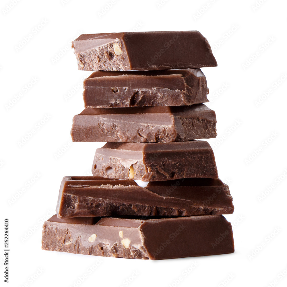 Close-up of chocolate pieces, isolated on white background Close-up of chocolate pieces, isolated on white background