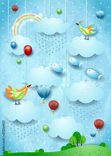 Fantasy landscape with rain, birds, balloons and flying fisches