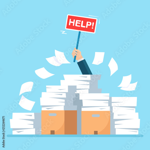 Pile of paper, document stack with carton, cardboard box. Stressed employee in heap of paperwork. Busy businessman with help sign. Bureaucracy concept. Vector cartoon design