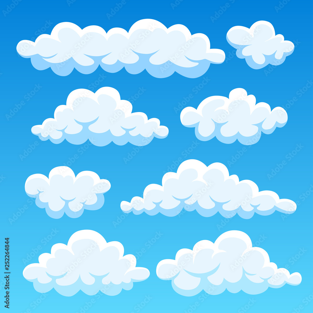 Cartoon clouds in blue sky. Cloudscape isolated on background. Heaven. Vector flat design