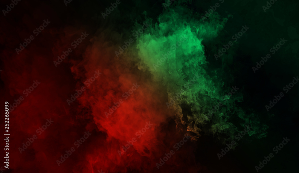 Abstract mystery smoke background . Green and Red texture overlays fog .