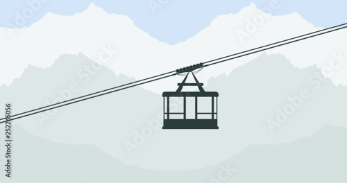 Black silhouette of the cabin cableway. Video design element of the cableway. Abstract cabin on a background of mountains. Stock 4k motion animation