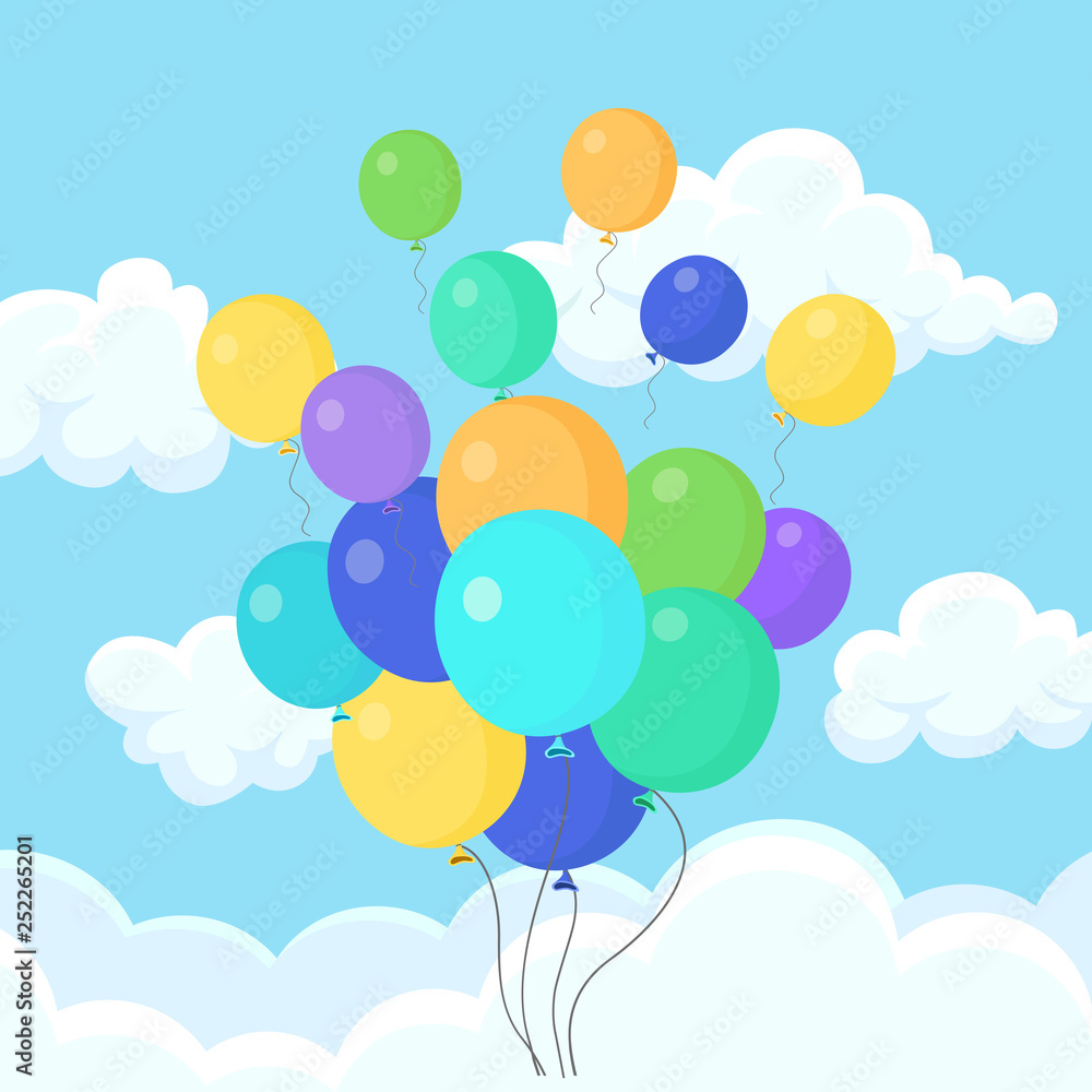 Bunch of helium balloon, air balls flying in sky. Happy birthday, holiday concept. Party decoration. Vector cartoon design
