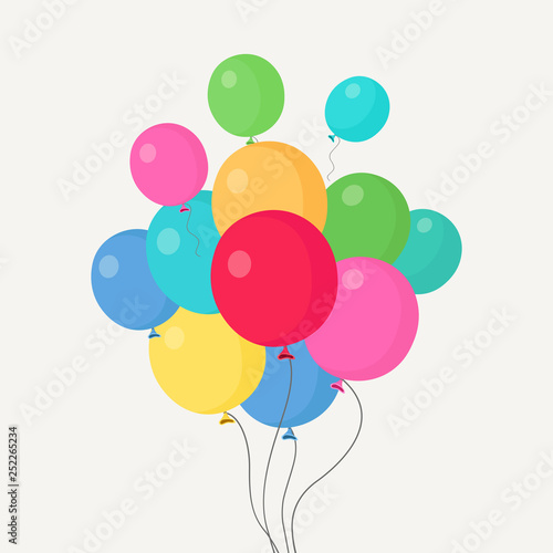 Bunch of helium balloon, air balls flying in sky. Happy birthday, holiday concept. Party decoration. Vector cartoon design
