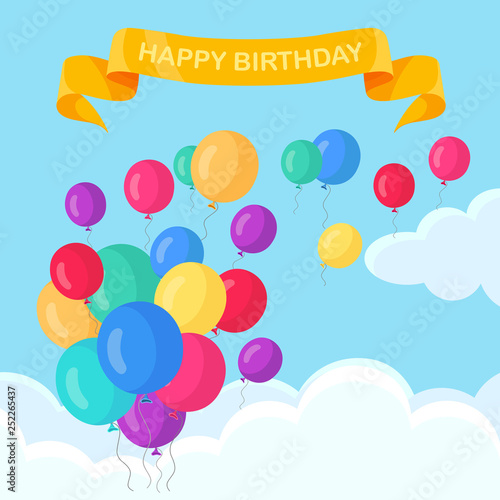 Bunch of helium balloon  air balls flying in sky. Happy birthday  holiday concept. Party decoration. Vector cartoon design