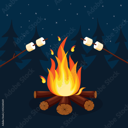 Cartoon fire flames, bonfire, campfire isolated on background. Vector flat design
