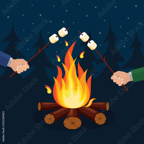 Cartoon fire flames, bonfire, campfire isolated on background. Vector flat design