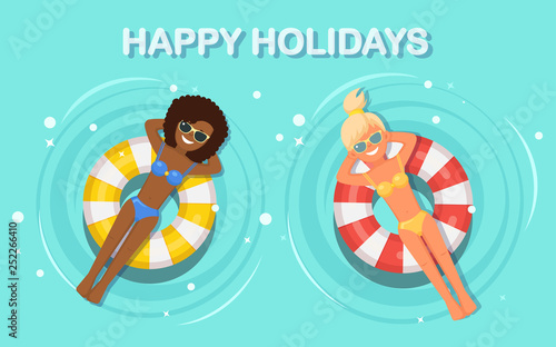 Smile woman, girl swims, tanning on air mattress in swimming pool. People floating on toy with ball isolated on water background. Inflatable circle. Summer holiday, vacation, travel Vector flat design