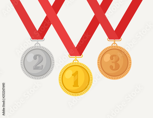 Gold, silver, bronze medal for first place. Trophy, award for winner  isolated on white background. Set of golden badge with ribbon. Achievement, victory. Vector cartoon illustration Flat design