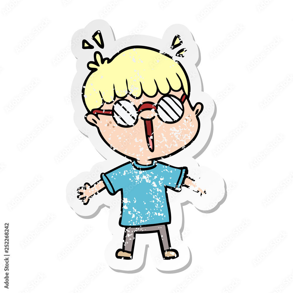 distressed sticker of a cartoon boy wearing spectacles distressed sticker of a cartoon boy wearing spectacles