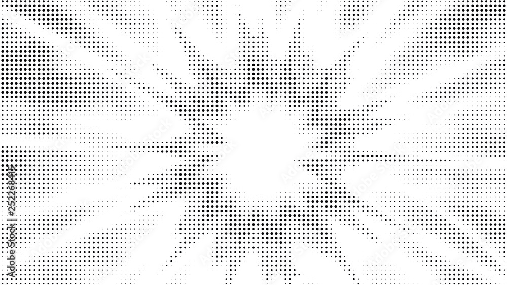 Halftone gradient explosion pattern. Abstract halftone vector dots background. Fireworks dots pattern. Pop Art, Comic small dots. Star rays halftone poster. Shine, sun rays. Outer space, sunrise rays