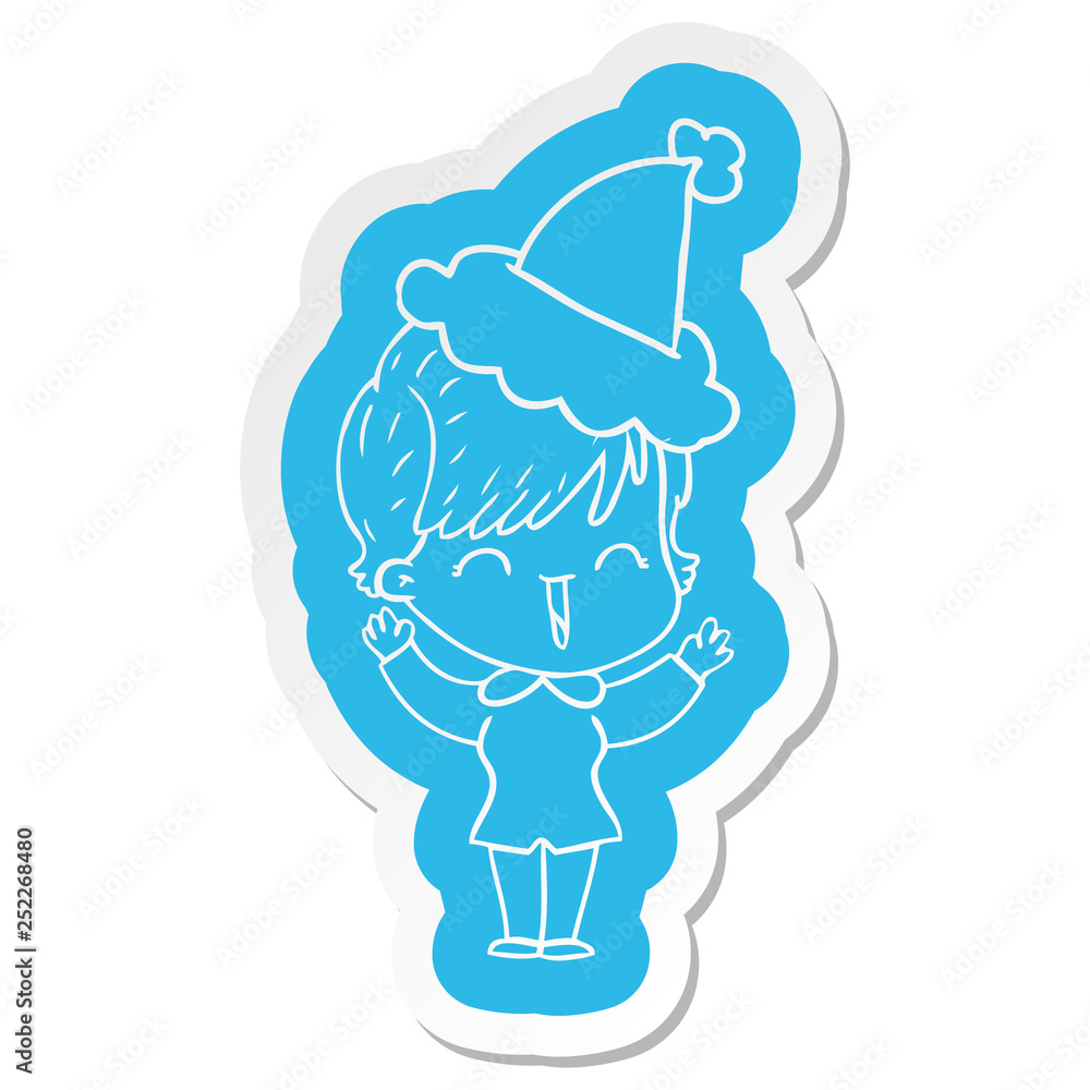 cartoon  sticker of a laughing woman wearing santa hat