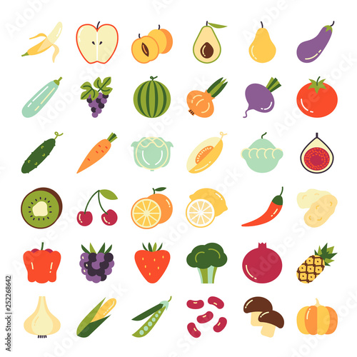 Fruits and  vegetables icon set. 36 colorful vector icons in flat style.