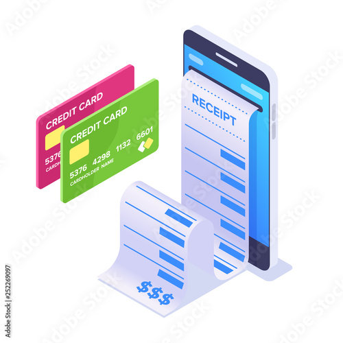 Isometric Mobile Payment Concept. Smartphone and cashier's check. Bank cards for online payment. Vector illustration isolated on white background.