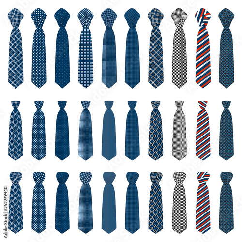 Illustration on theme big set ties different types, neckties various size