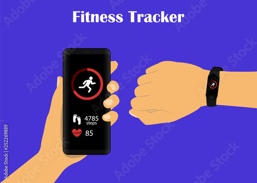 Fitness tracker. Smart watches are connected with a smartphone. Measuring instrument of steps and pulse.