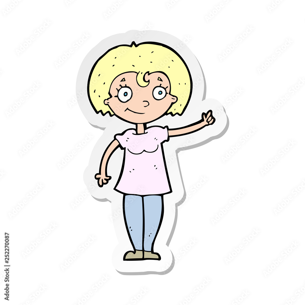 sticker of a cartoon happy woman pointing sticker of a cartoon happy woman pointing