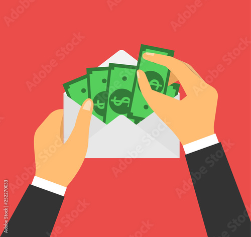 Concept businessman with an envelope in his hands. Salary. Corruption. Flat design. 