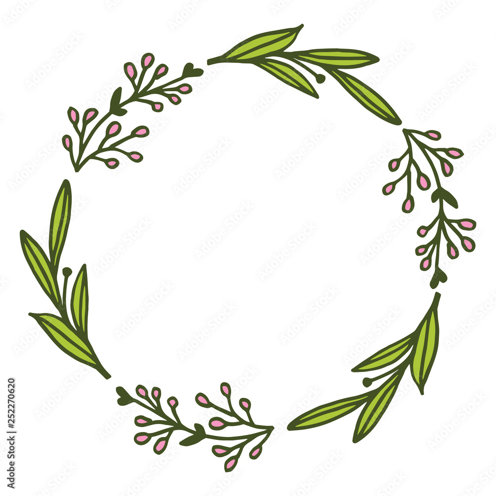 Vector illustration circular green leaf flower frame hand drawn