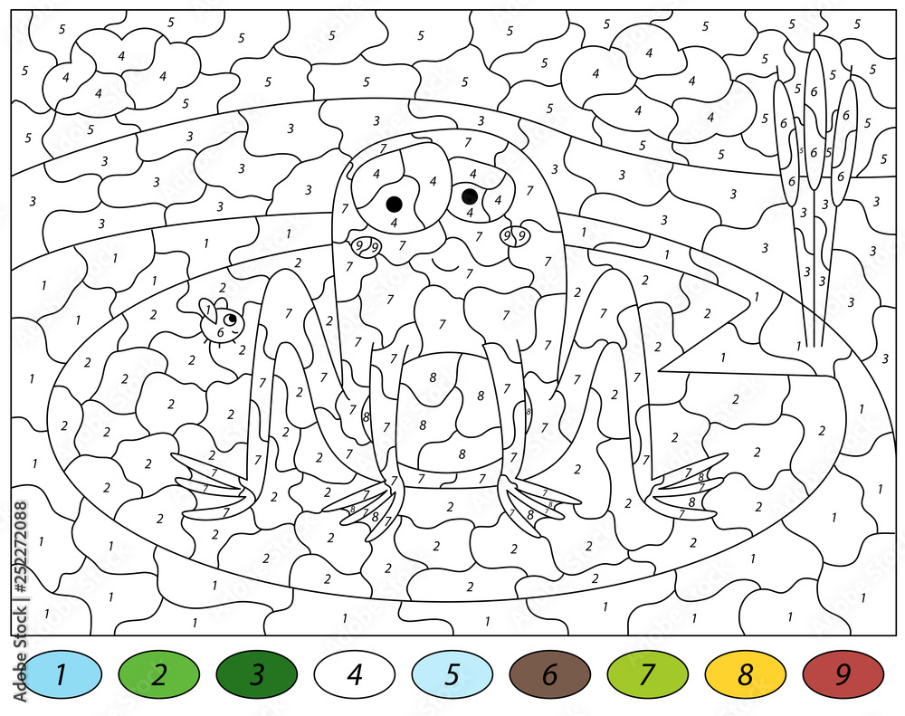Cartoon frog and fly. Color by number educational game for kids Stock
