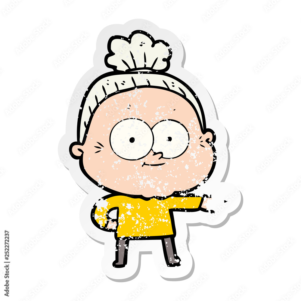 distressed sticker of a cartoon happy old woman distressed sticker of a cartoon happy old woman