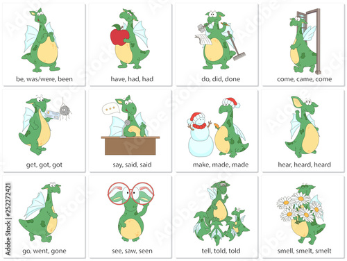 Irregular english verbs with funny dragon