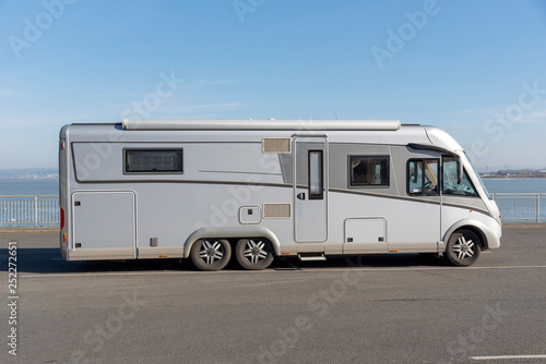 Appledore, North devon, England, UK. February 2019. A large motorhome standing on the waterfront of this coastal town.