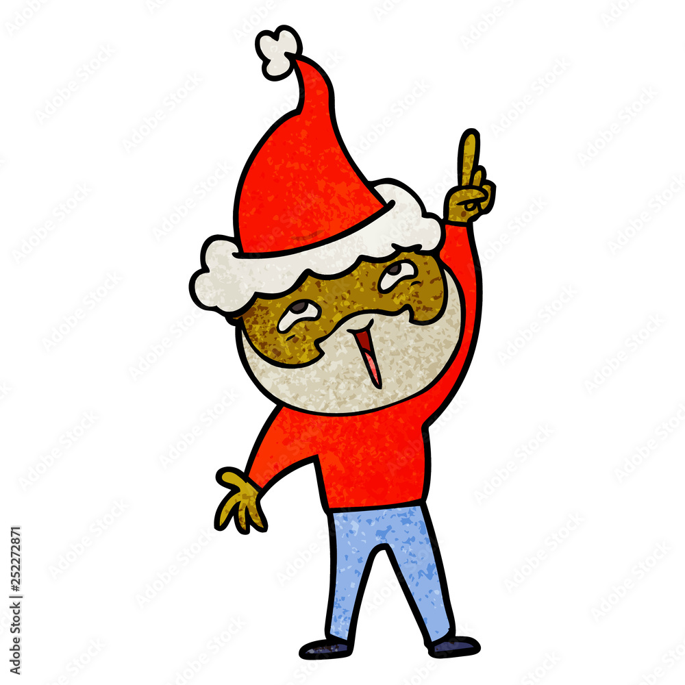 textured cartoon of a happy bearded man wearing santa hat