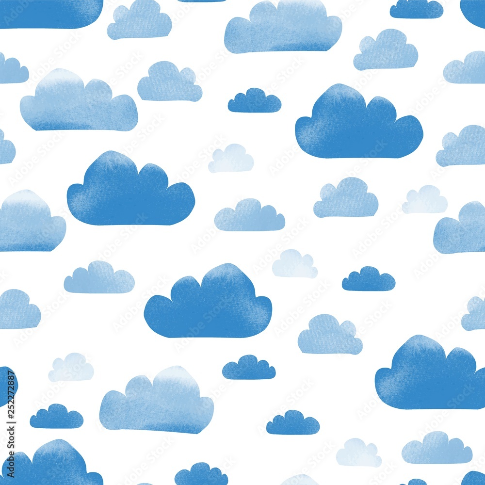 Cute minimal cartoon style seamless pattern with blue clouds with watercolor texture. Isolated on white background Cute minimal cartoon style seamless pattern with blue clouds with watercolor texture. Isolated on white background