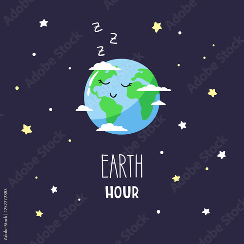 Cute cartoon planet Earth in the night sky and inscription Earth hour. Vector illustration.