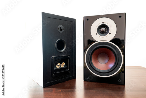Audio black bookshelves stereo speakers on wooden shelve