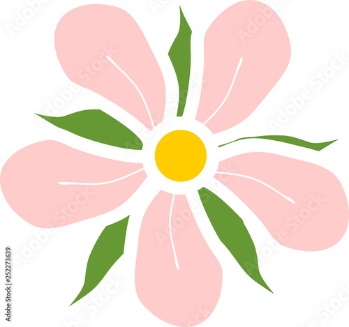 Stylized flower with pink petals and green sepals isolated on white background