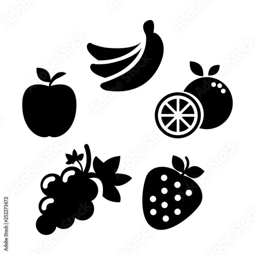 solid icons for fruits,apple,banana,orange,grape,strawberry,vector illustrations