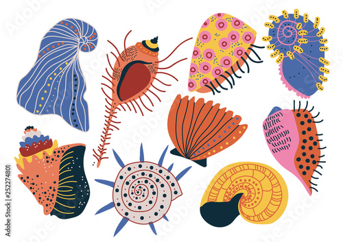Collection of Seashells, Tropical Underwater Clams, Shells and Creatures Vector Illustration